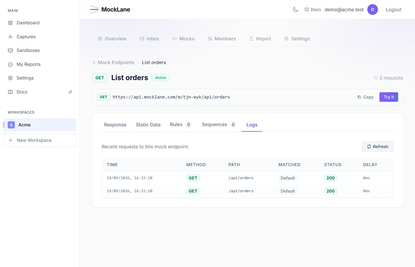 Logs tab of a mock listing recent requests with their method, path and status
