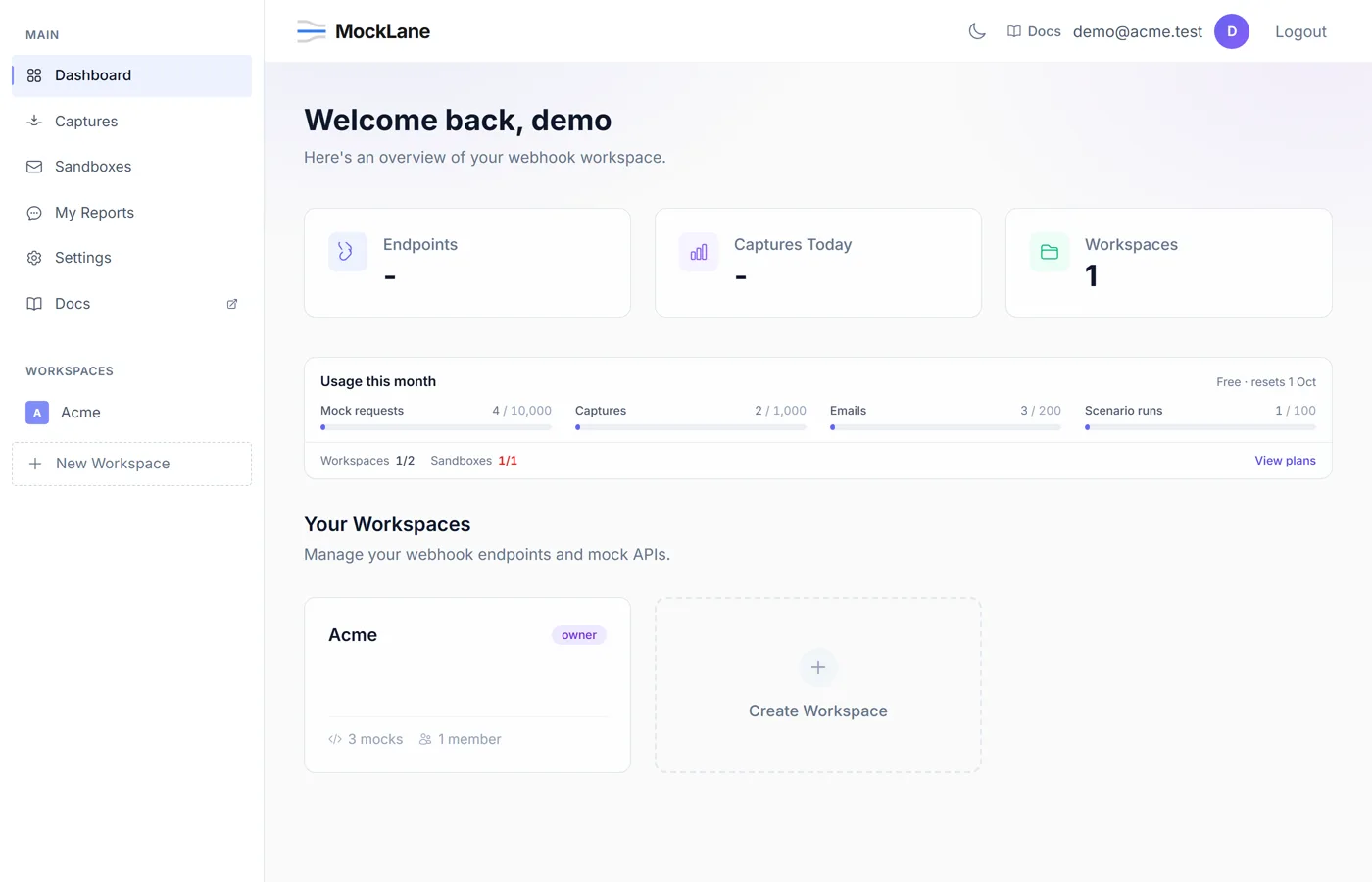 MockLane dashboard showing the workspace list and this month's usage