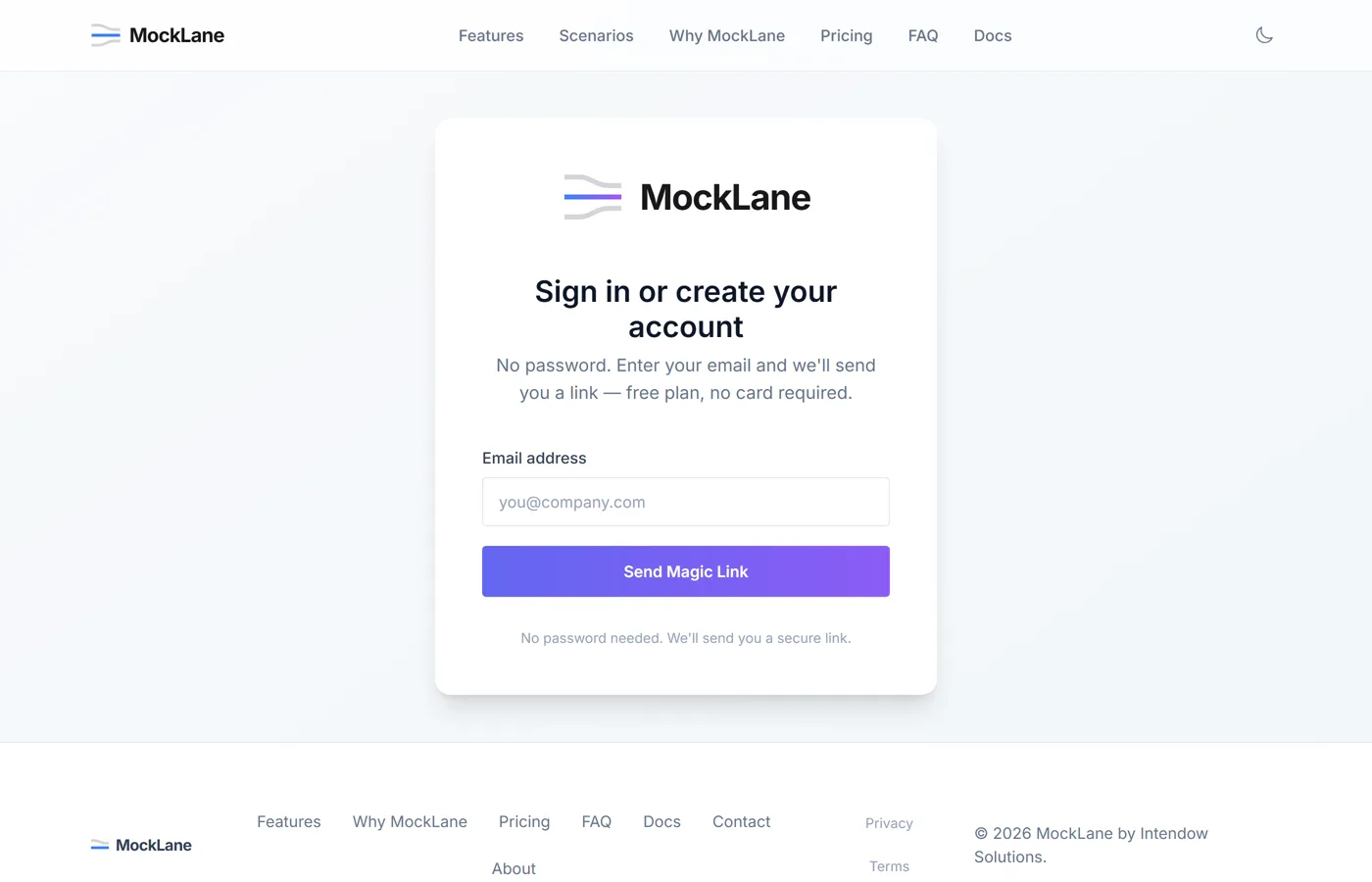 MockLane sign-in screen with an email field and a Send Magic Link button