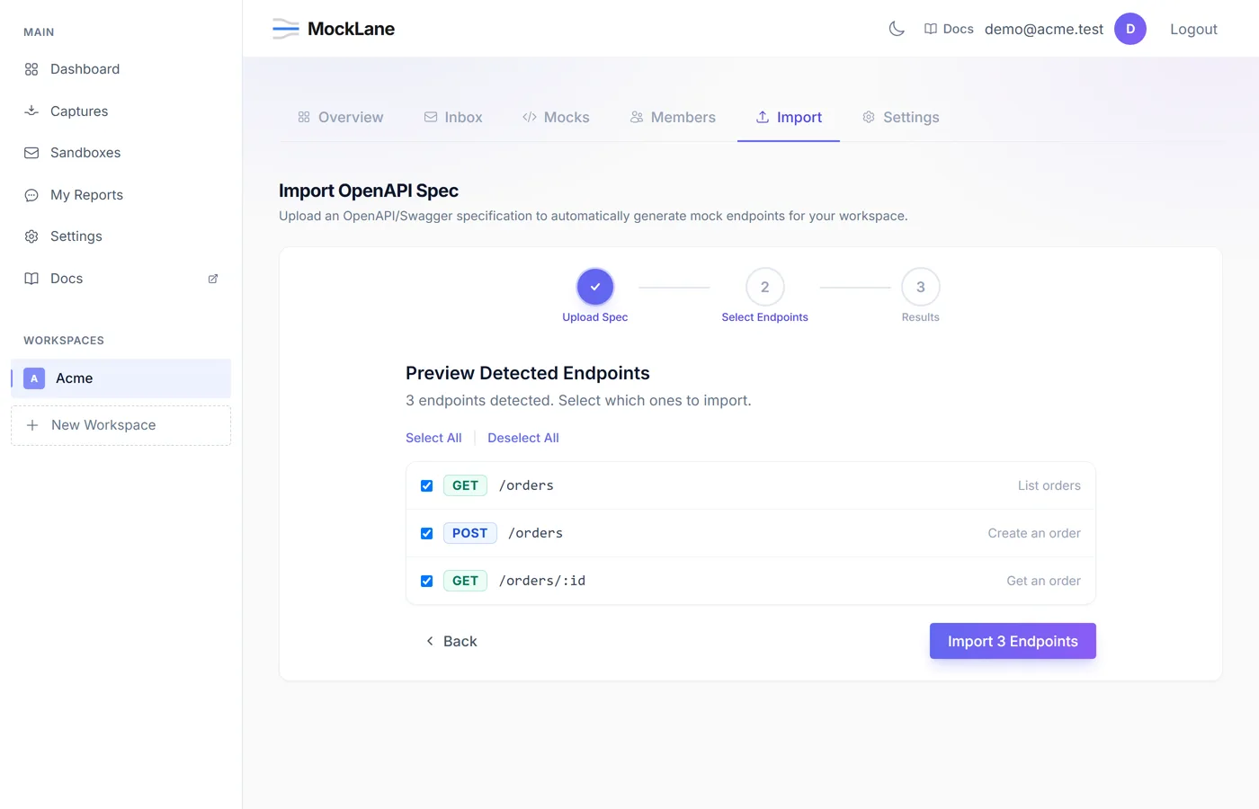 OpenAPI import wizard listing the endpoints parsed from a pasted spec, ready to select
