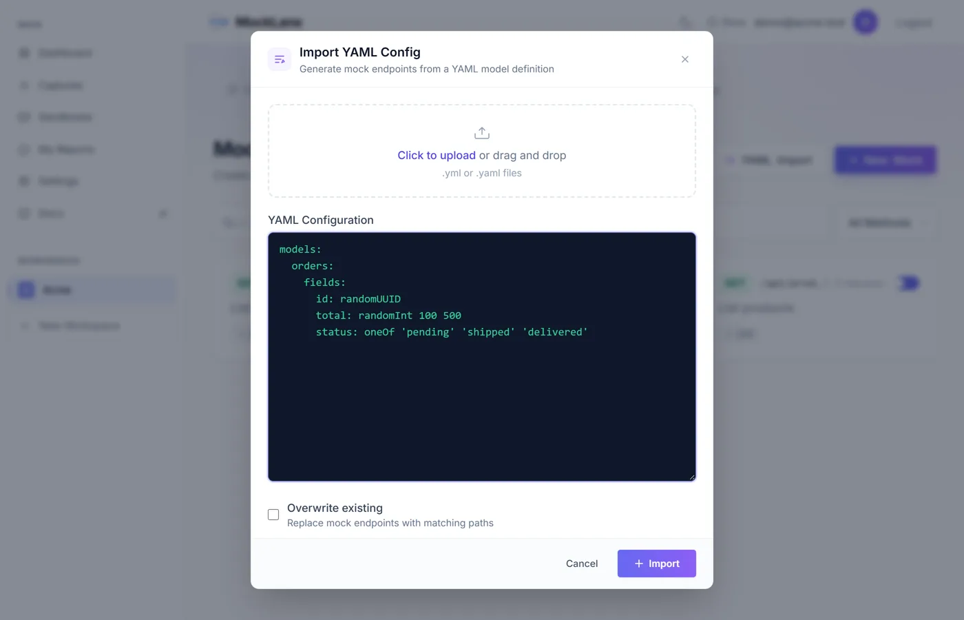 YAML config import dialog with a small model definition pasted in