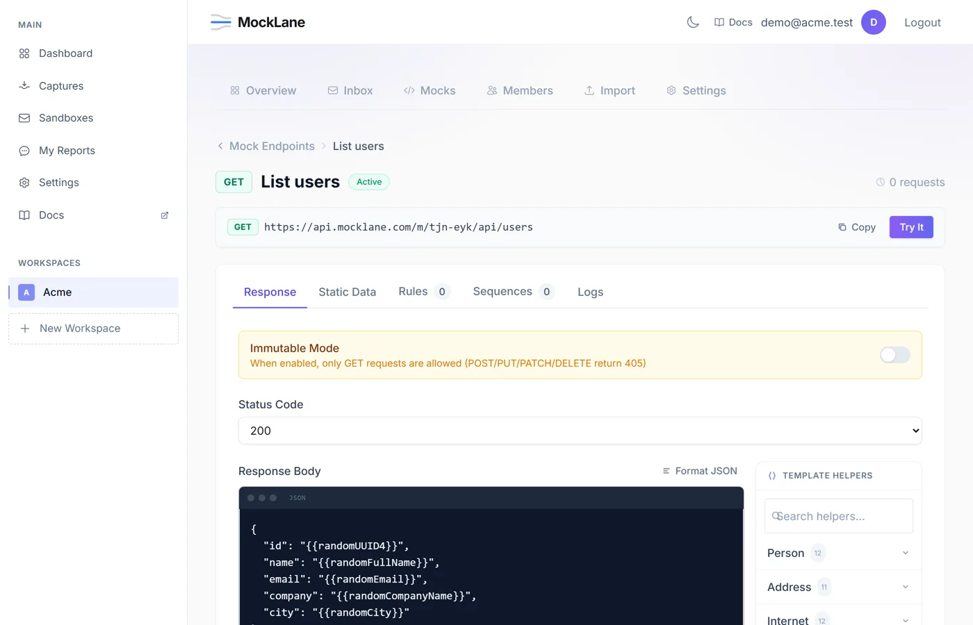 Mock editor with a JSON response body using template variables, beside the template helper list