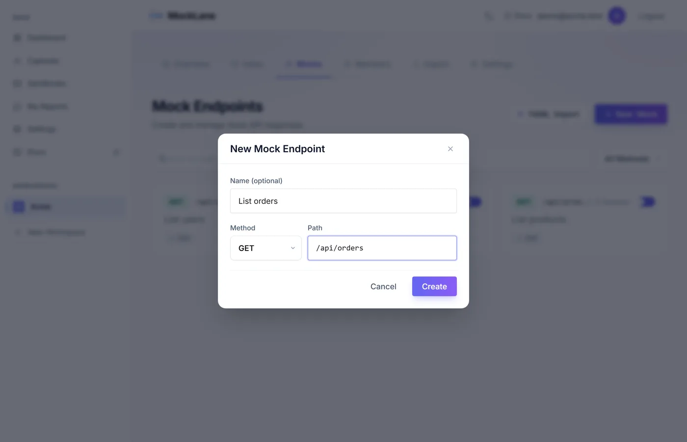 New Mock Endpoint dialog with a name, the GET method and the path /api/orders