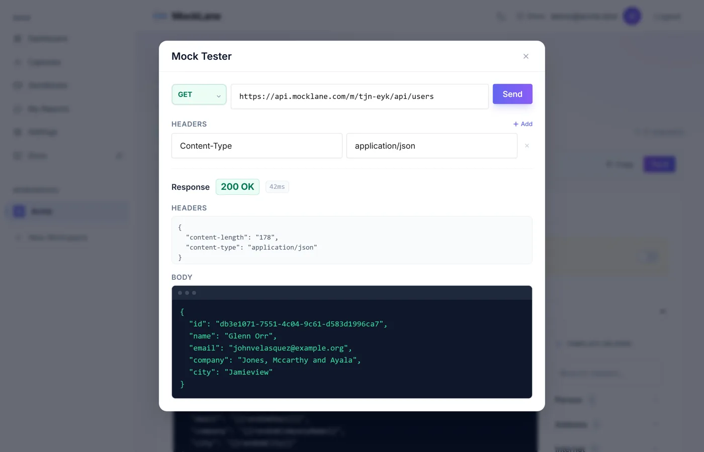 The Try It panel showing a generated JSON response with a name, email, company and city