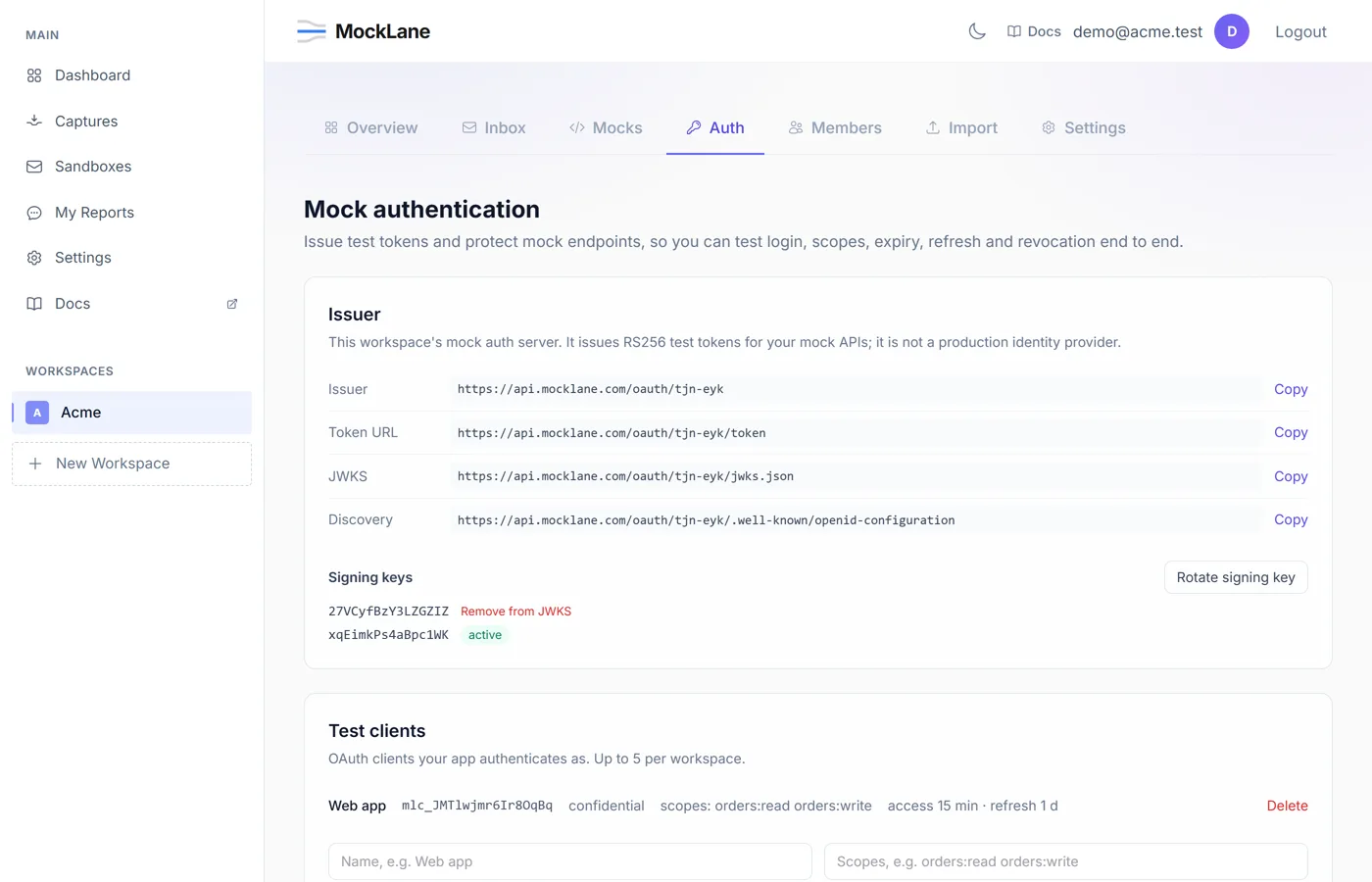 The workspace Auth tab with the issuer URLs, a test client and a test user