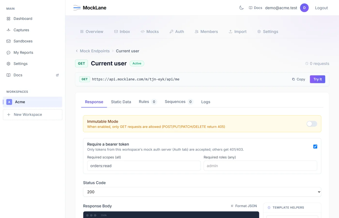 The mock editor with Require a bearer token switched on and a required scope