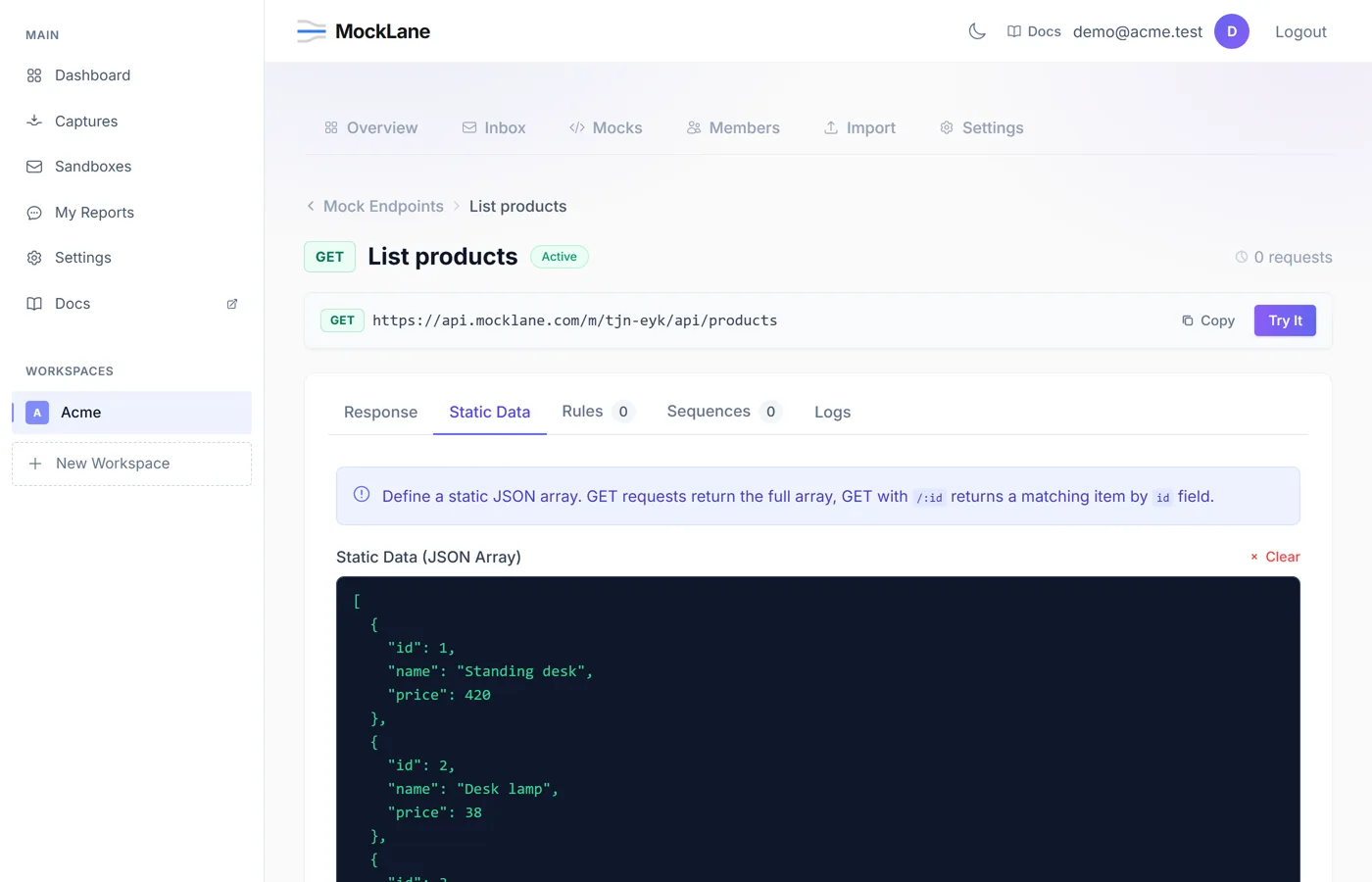 Static Data tab of a mock holding three product records