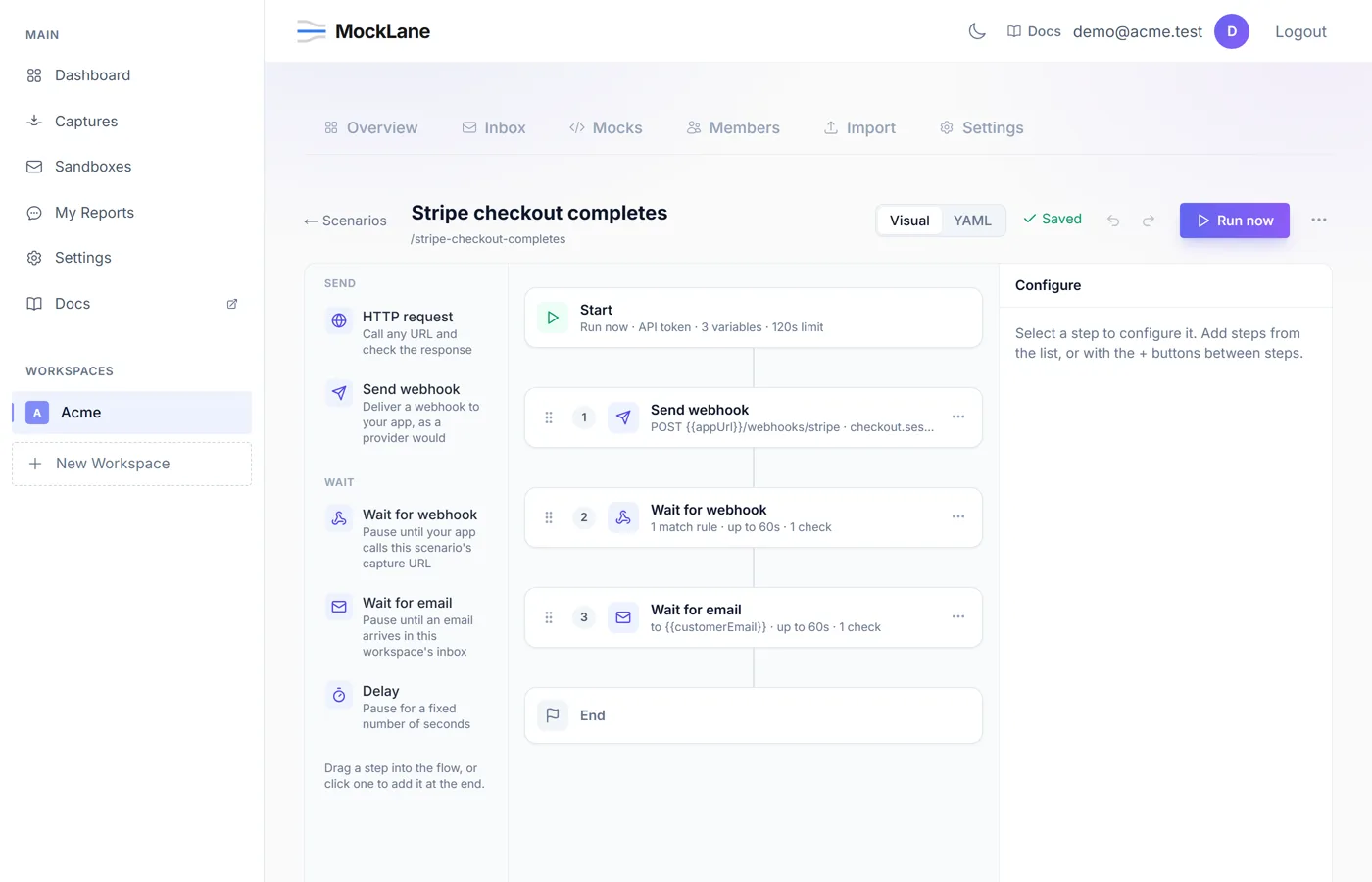 Scenario builder showing three steps: send webhook, wait for webhook, wait for email