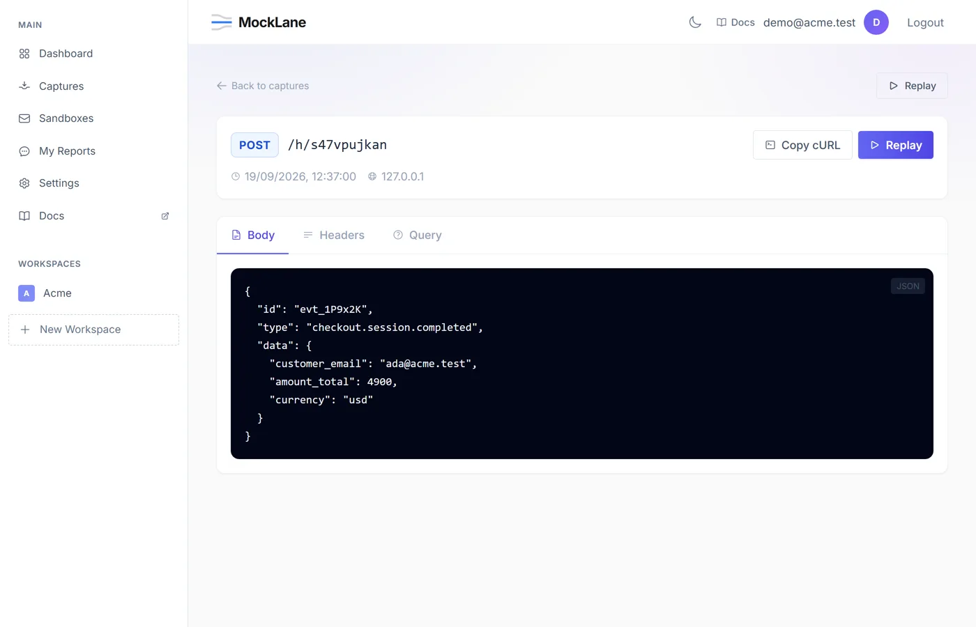 A captured request's Body tab showing the request formatted as JSON, with tabs for Headers and Query above it