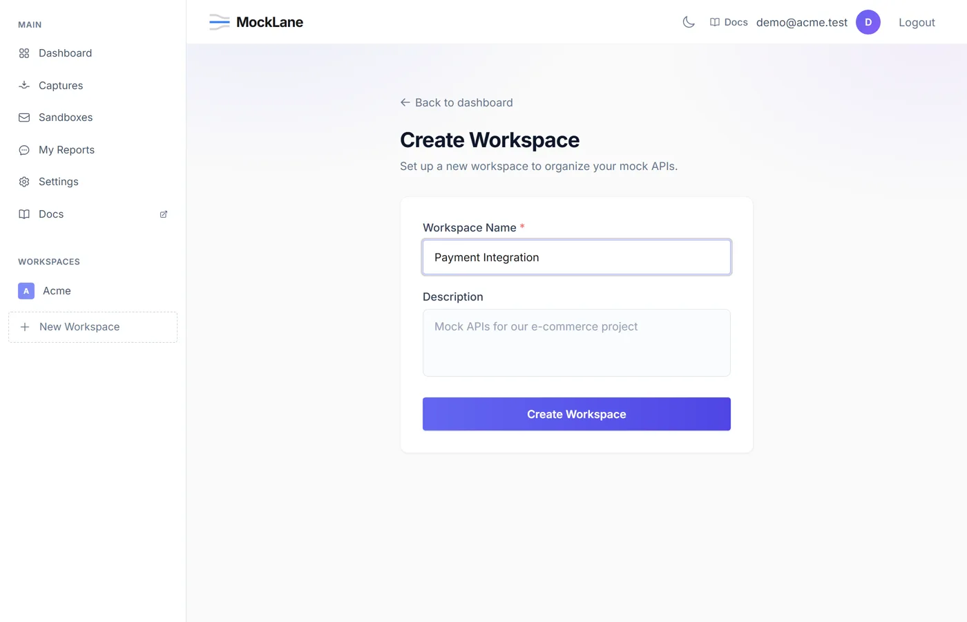 Create workspace form with the name Payment Integration typed in
