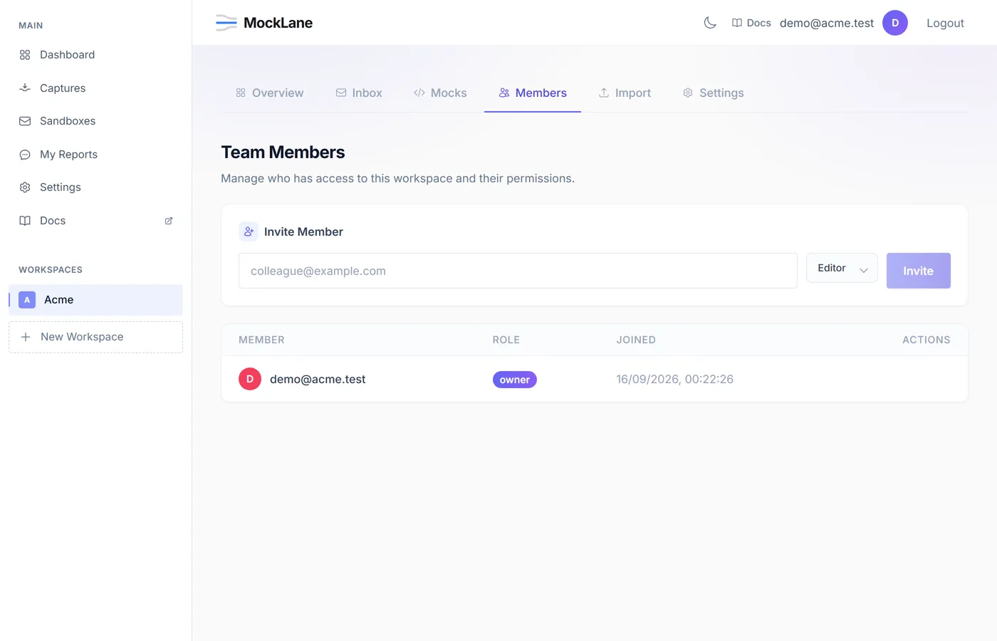 Workspace members list showing each member's role